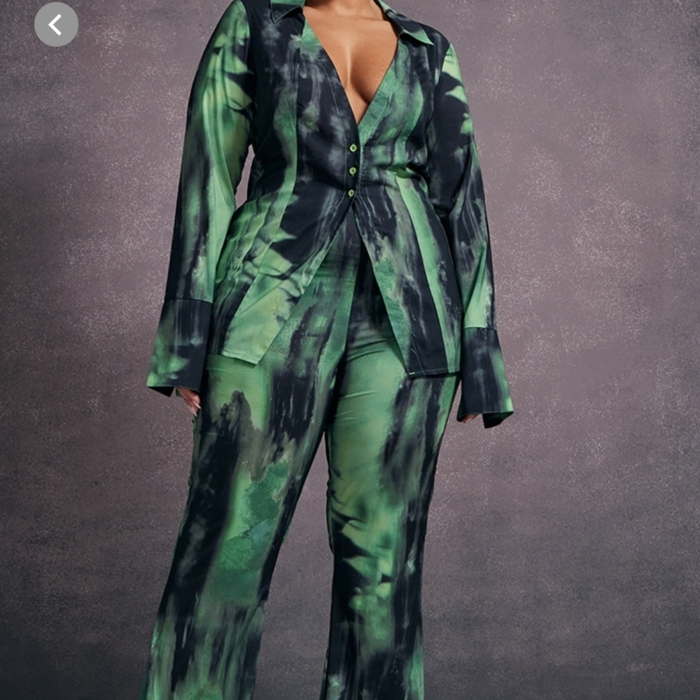 Plus Green Grunge Print Chiffon Flare Pant Set